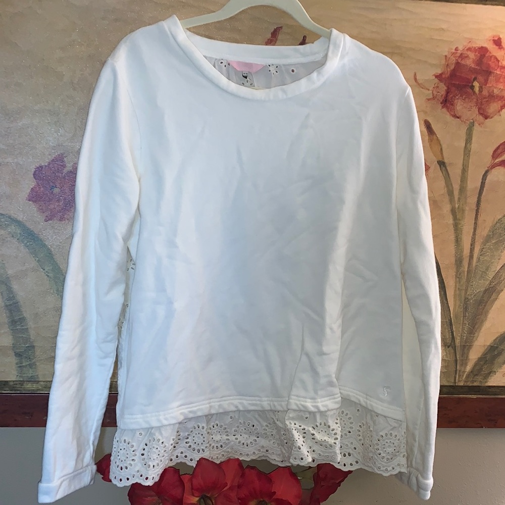 Joules White Crew Neck Sweatshirt with Eyelet Lace back and Front trim sz 12 EUC
